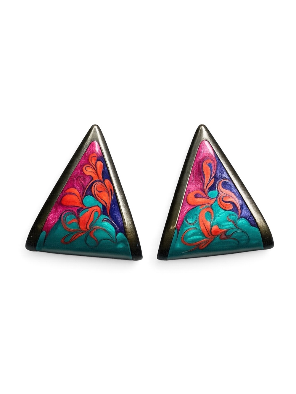 Vintage Abstract Triangle Statement Earrings Teal Purple Pink Post Earrings